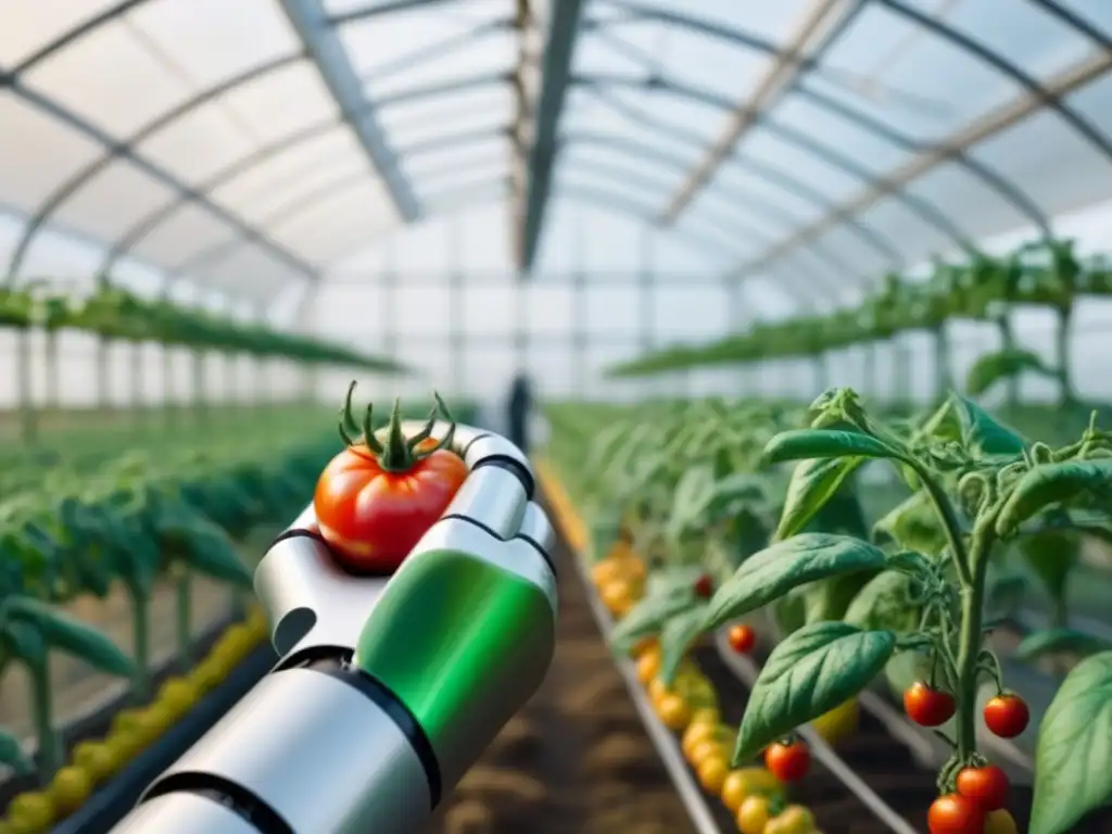 Una ilustración futurista de un brazo robótico recolectando tomates maduros en invernadero tecnológico