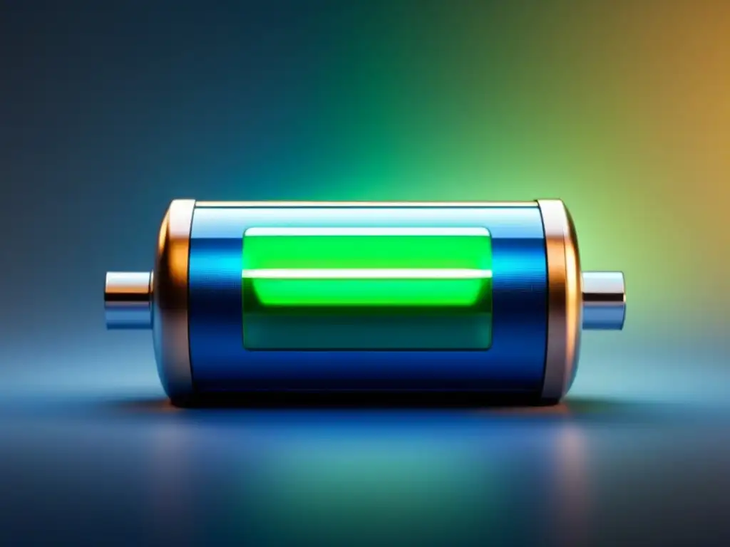 Batería futurista: diseño detallado y sostenible en azul y verde Diseño futurista de celda de batería con patrones de circuitos y símbolos de energía sostenible