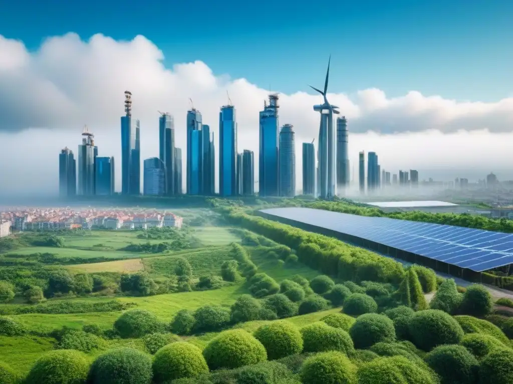 Futurista ciudad verde con energía renovable y naturaleza integrada