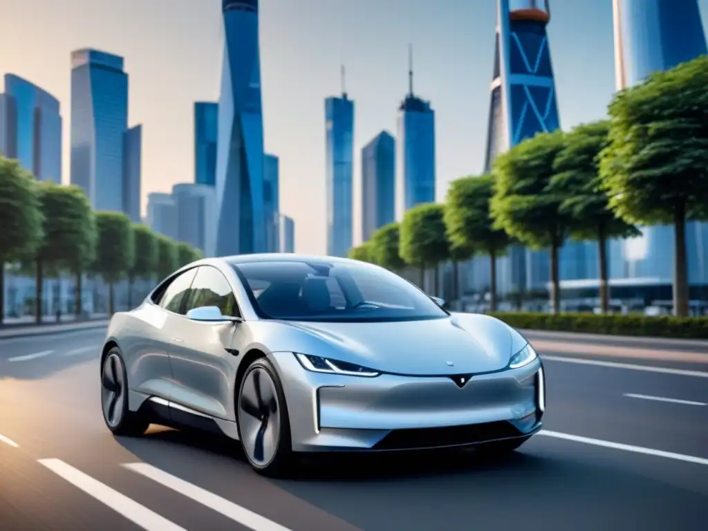 Futurista coche eléctrico de alta gama en ciudad sostenible