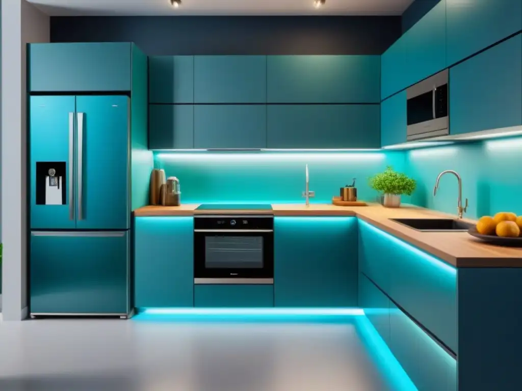 Un futurista y eficiente electrodoméstico de cocina con luces suaves, en tonos azules y verdes