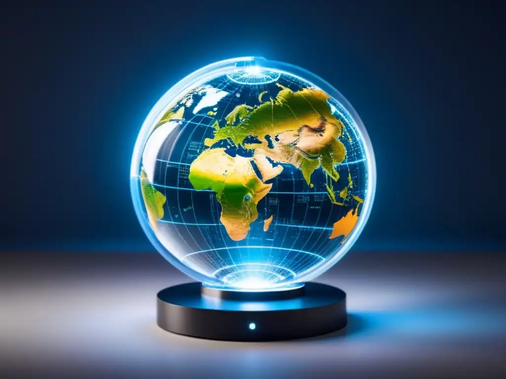 Futurista globo transparente rodeado de datos digitales, simbolizando Big Data en productos sostenibles