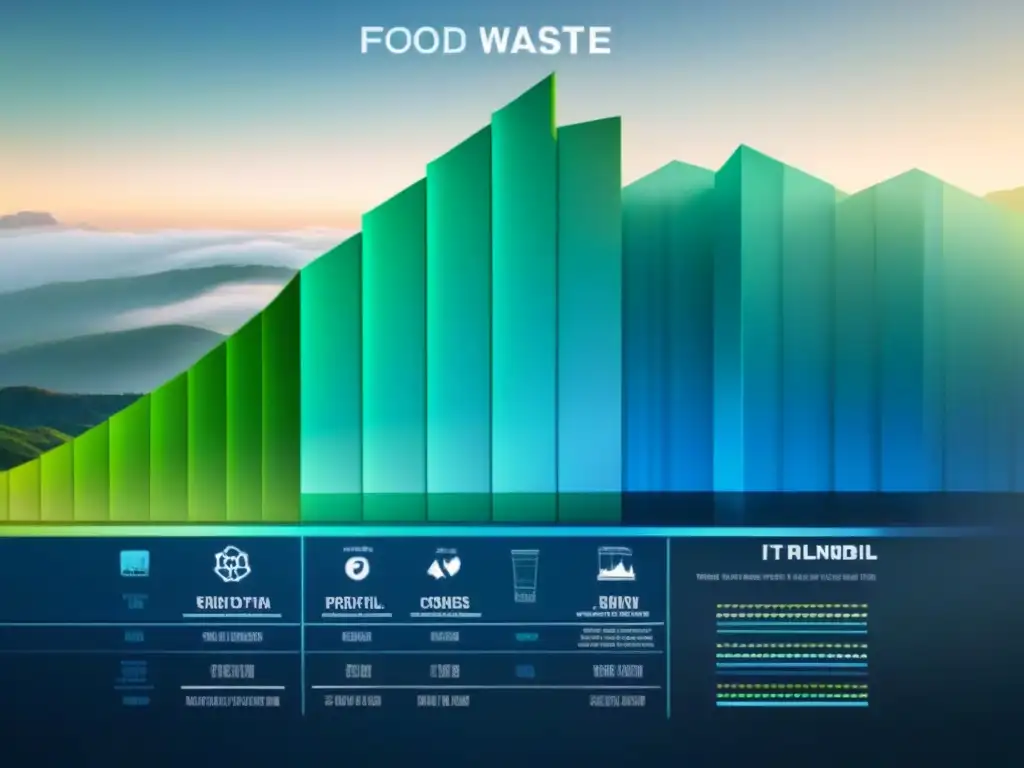 Un futurista panel digital muestra gráficos detallados sobre la reducción de desperdicio de alimentos, en tonos azules y verdes