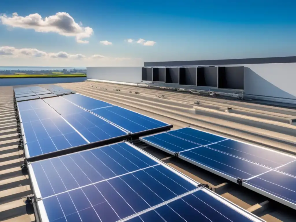 Instalación futurista de paneles solares plateados en un tejado moderno, reflejando la luz del sol y creando un patrón geométrico impresionante