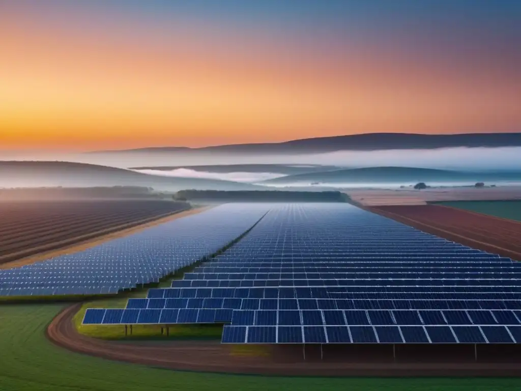 El futuro energético: Un atardecer en una granja solar con baterías sostenibles