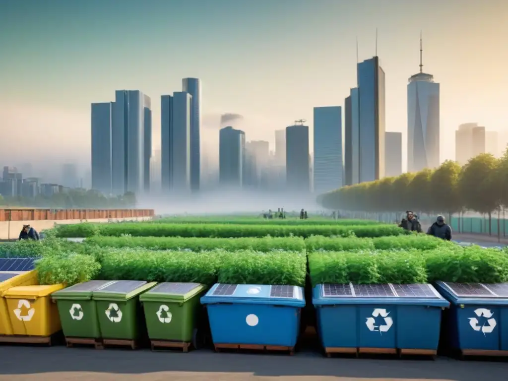 Un futuro sostenible con beneficios económicos de zero waste: comunidad diversa reciclando en la ciudad moderna