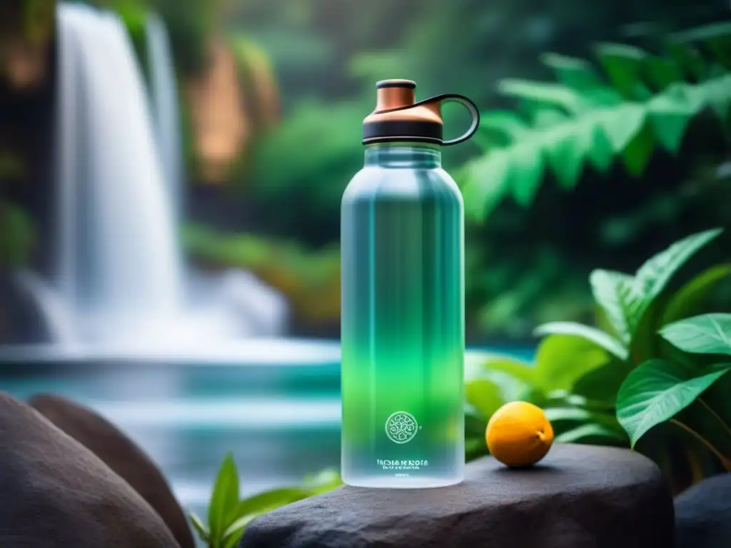 Gadget ecológico para vida activa: botella con infusor de frutas en entorno natural y cascada cristalina