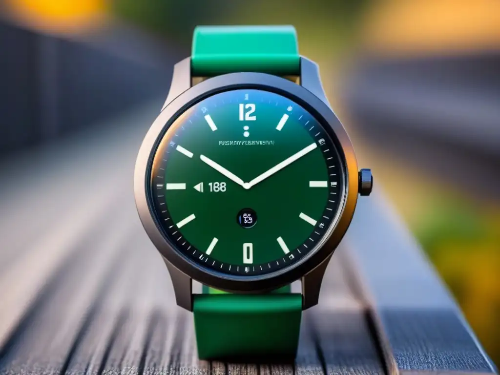 Gadgets ecológicos para viajeros sostenibles: Smartwatch de diseño minimalista con correa verde vibrante y funciones ecoconscientes