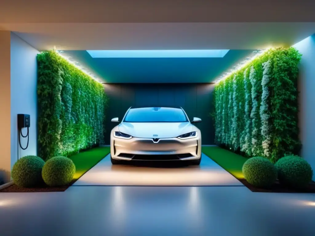 Estación de carga para auto eléctrico integrada en garaje minimalista Garaje minimalista con estación de carga para vehículo eléctrico integrada en la pared, iluminación ambiental y plantas verdes