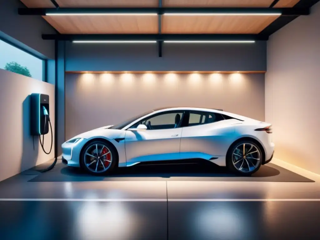 Estación de carga para coche eléctrico: diseño futurista en garaje moderno Un garaje moderno con estación de carga para vehículo eléctrico