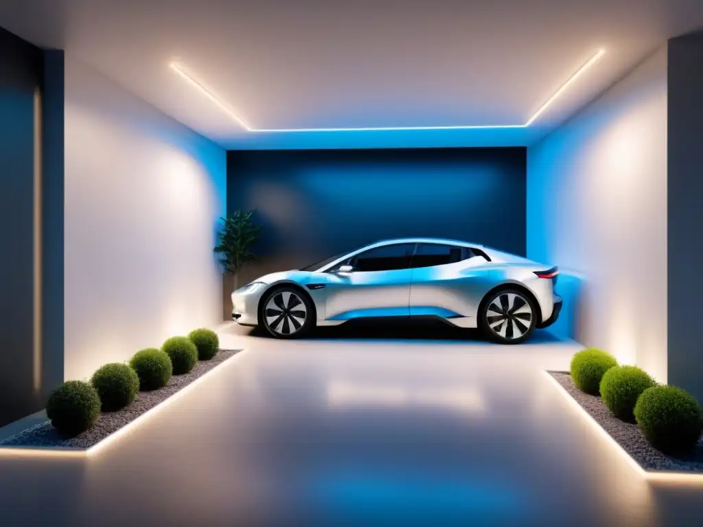Estación de carga de vehículos eléctricos: diseño moderno y sostenible Garaje moderno con estación de carga para vehículo eléctrico, soluciones carga vehículo eléctrico sostenible