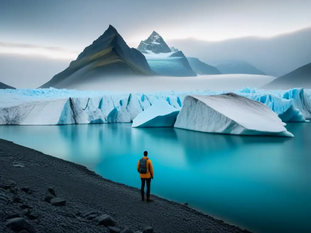 Glaciar derritiéndose bajo un cielo contaminado, simbolizando el impacto de la industria moda en cambio climático