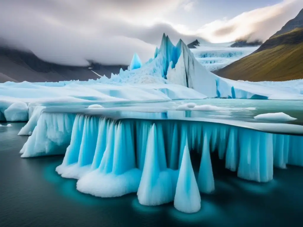 Glaciar azul fundiéndose: belleza frágil y impactante Glaciar imponente derritiéndose rápidamente, con tonos azules vibrantes en contraste, detalle y belleza