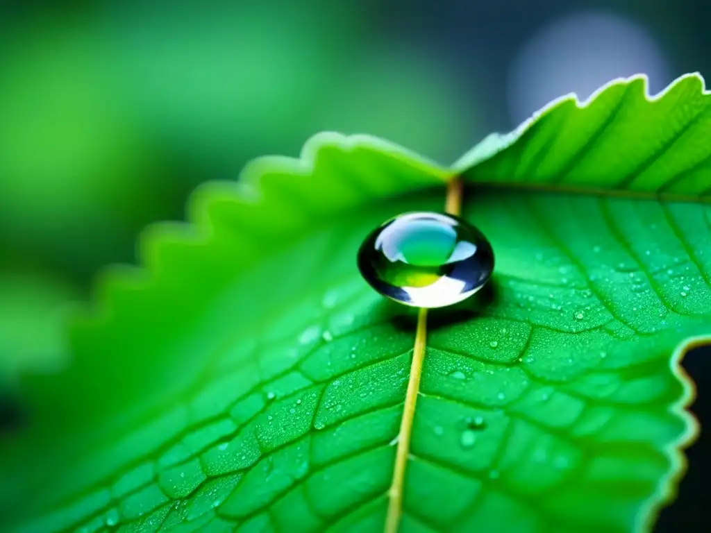 Una gota de agua brillante en hoja verde, transmitiendo calma y belleza natural