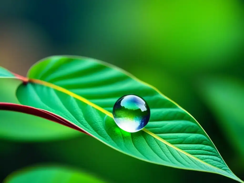 Una gota de agua cristalina en equilibrio sobre una hoja verde, simbolizando la gestión sostenible del agua y la resiliencia al cambio climático