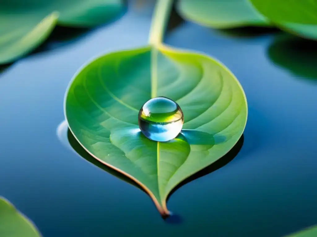 Una gota de agua cristalina reposa en una hoja verde, simbolizando la importancia de la economía circular en la gestión del agua