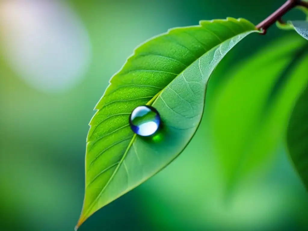 Una gota de agua cristalina cuelga delicadamente de una hoja verde vibrante, simbolizando pureza y el impacto de productos de limpieza en la salud del planeta