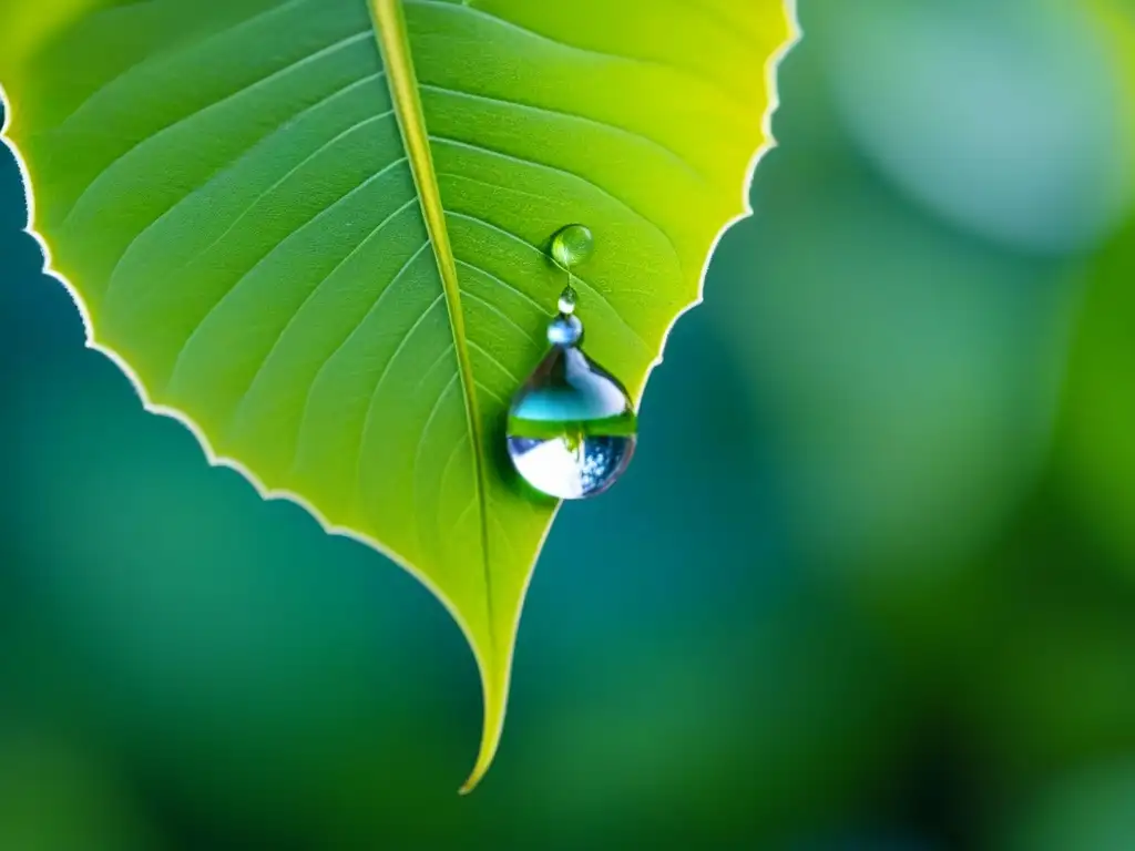 Una gota de agua cristalina cuelga de una hoja verde, reflejando la naturaleza