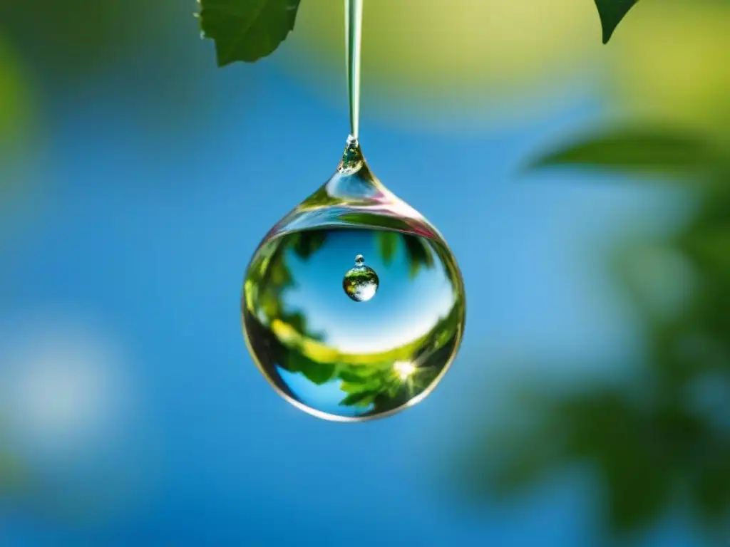 Una gota de agua cristalina suspendida en el aire, reflejando la naturaleza