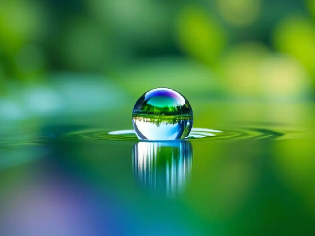 Una gota de agua cristalina suspendida en el aire, reflejando la luz en colores, sobre un fondo verde, evocando tranquilidad y sostenibilidad