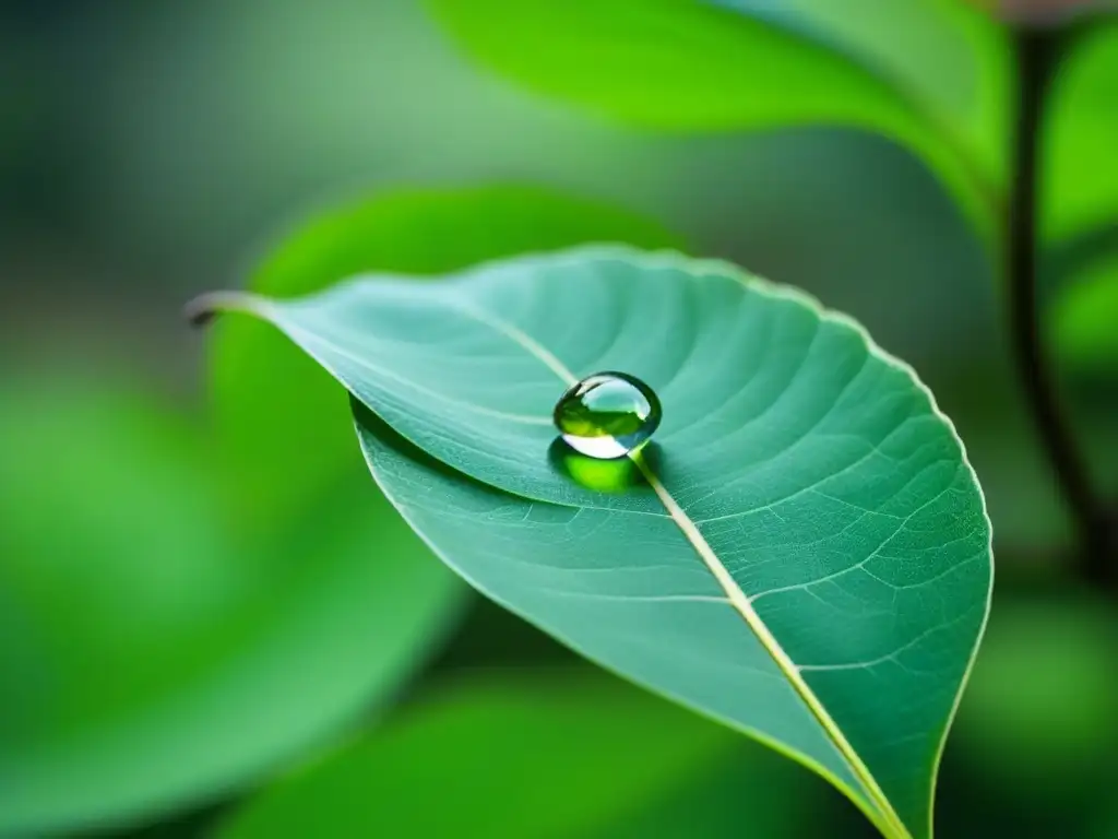 Una gota de agua en equilibrio sobre una hoja verde, reflejando la naturaleza con claridad