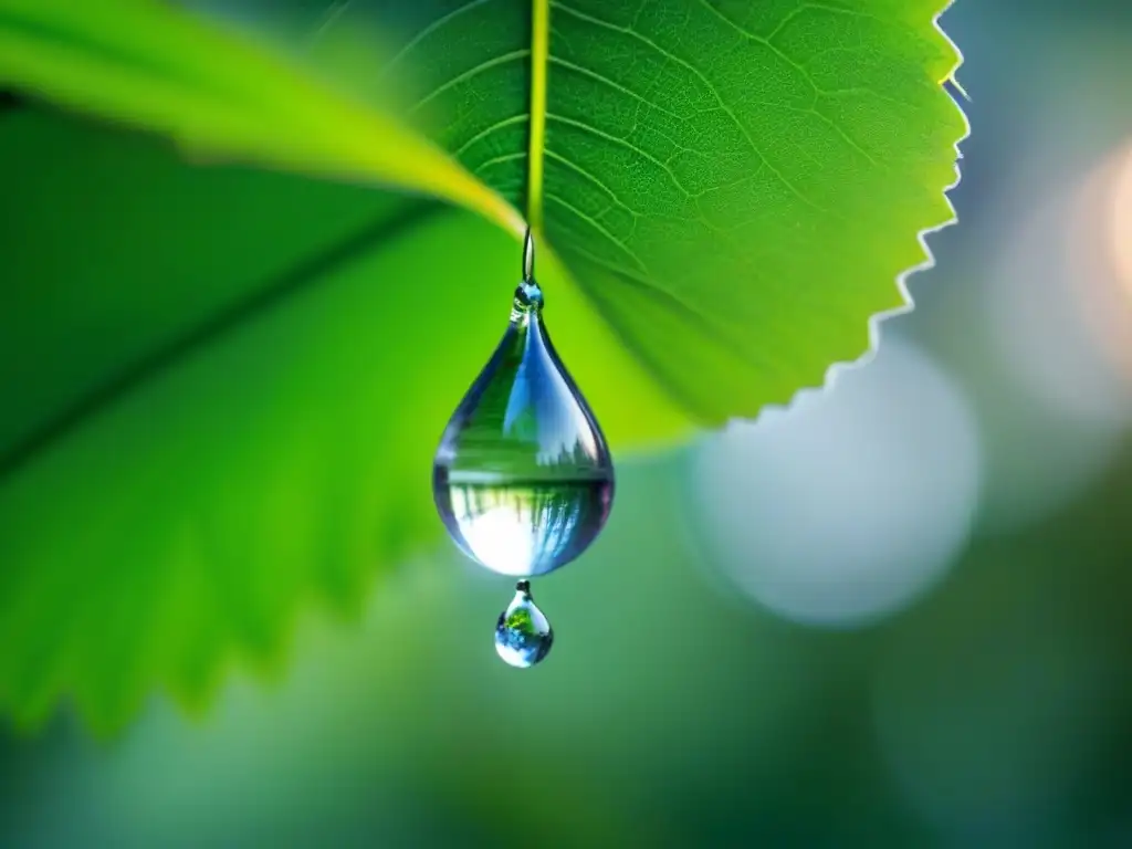 Una gota de agua en una hoja refleja su entorno, destacando la pureza y la importancia de la conservación del agua en educación