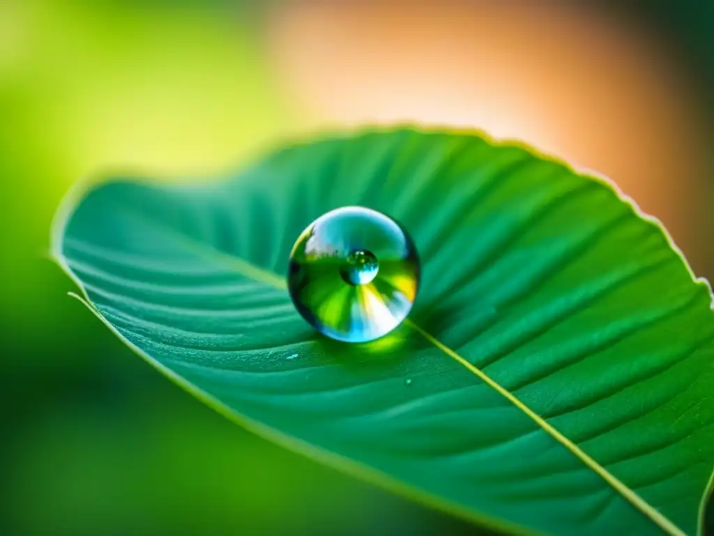 Una gota de agua en una hoja, reflejando la luz entre el verdor