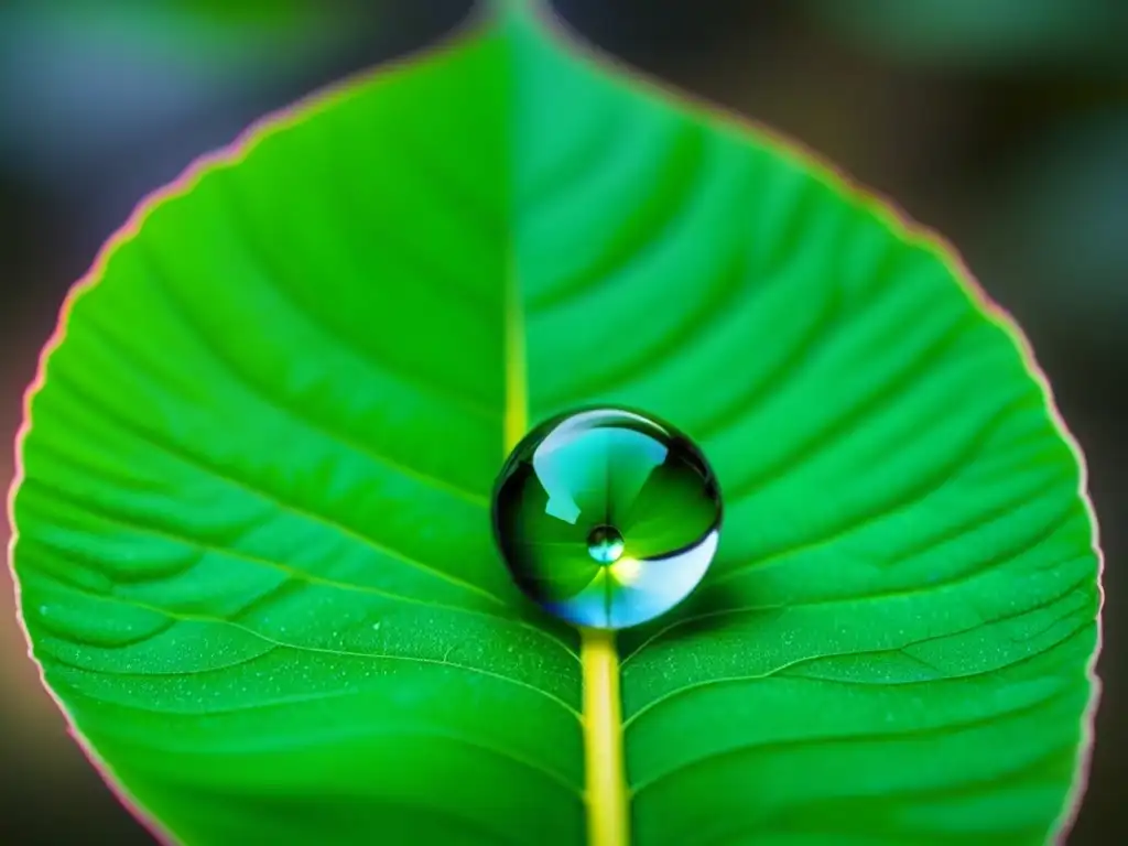 Una gota de agua en una hoja verde vibrante, reflejando pureza y sostenibilidad