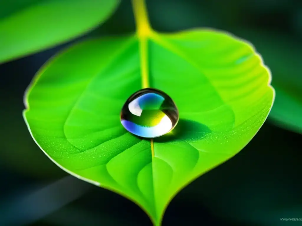 Una gota de agua en una hoja verde brillante, reflejando la exuberante naturaleza