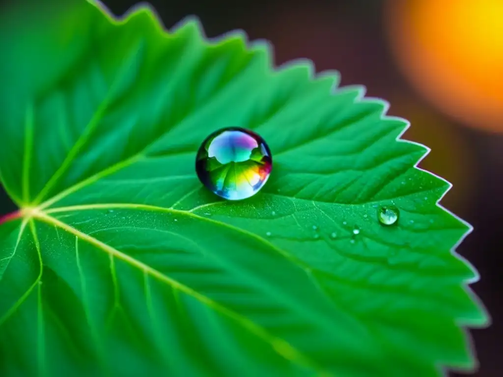 Una gota de agua sobre hoja verde, reflejando la luz solar en una escena de belleza sostenible cuidado planeta