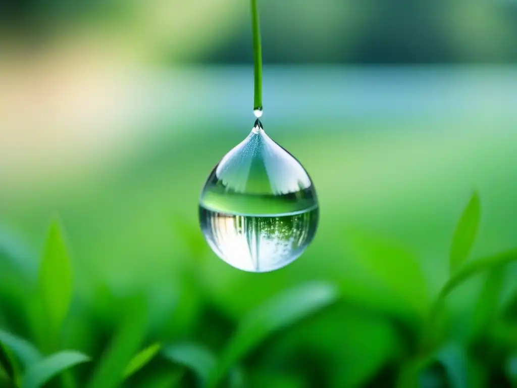 Una gota de agua pura, reflejando la naturaleza, simboliza la importancia de la economía circular en la gestión del agua