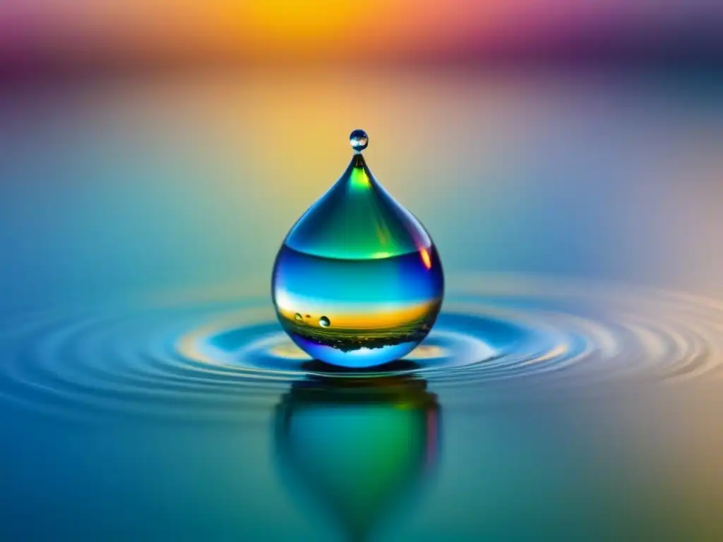 Una gota de agua suspendida en el aire, reflejando colores del entorno