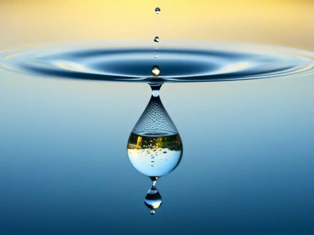 Una gota de agua suspendida en el aire, reflejando su entorno con pureza y claridad