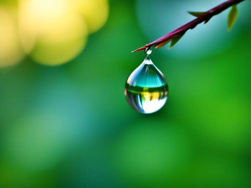 Una gota de agua suspendida en el aire, reflejando la luz suave en detalle, destaca la conservación del agua en educación