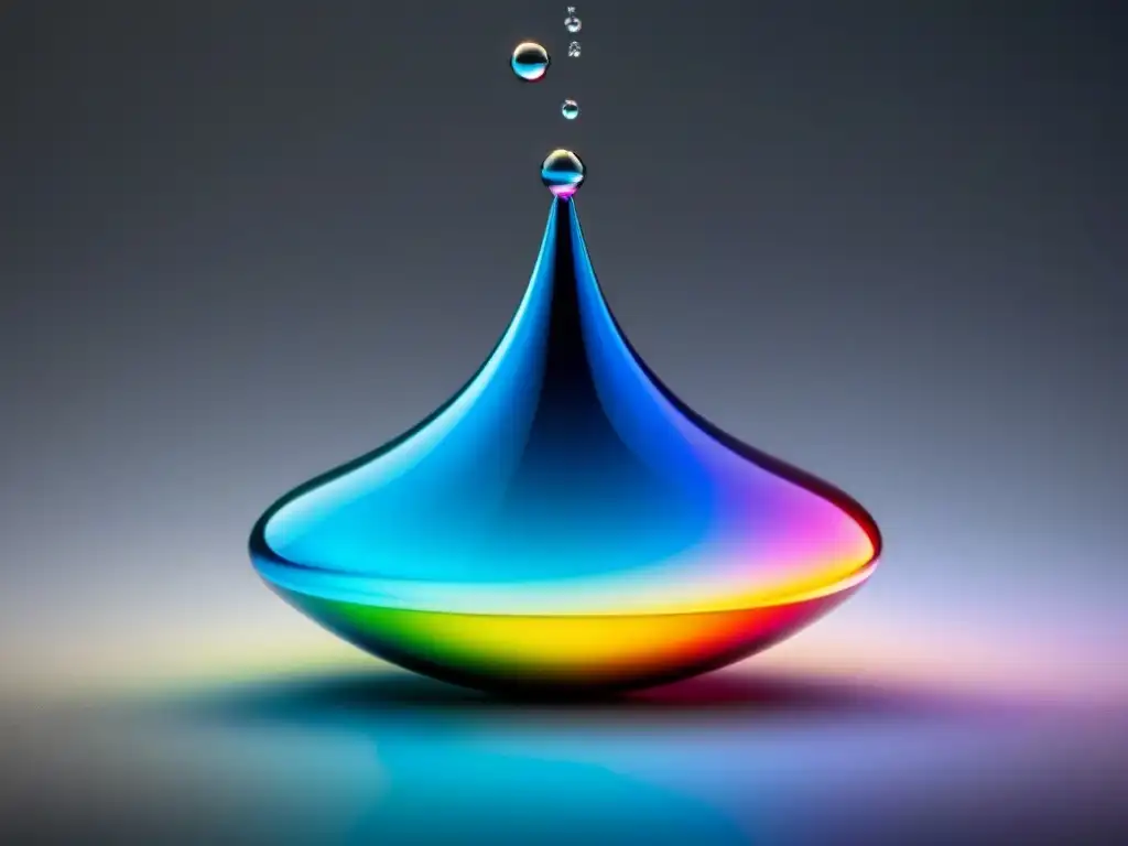 Una gota de agua suspendida en el aire, reflejando colores vibrantes, simbolizando pureza y sostenibilidad