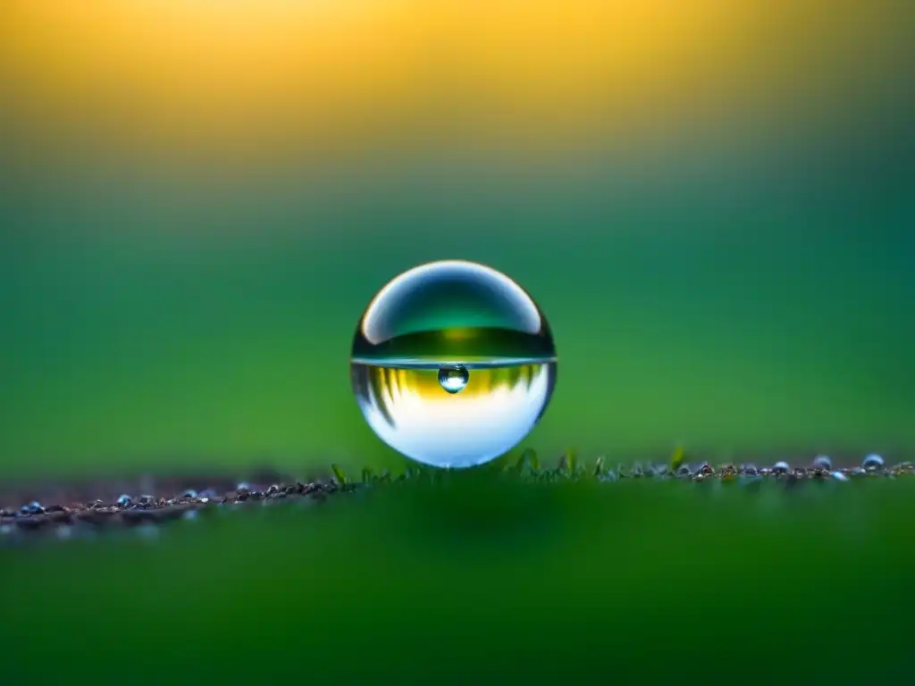 Una gota de agua suspendida en el aire, reflejando su entorno