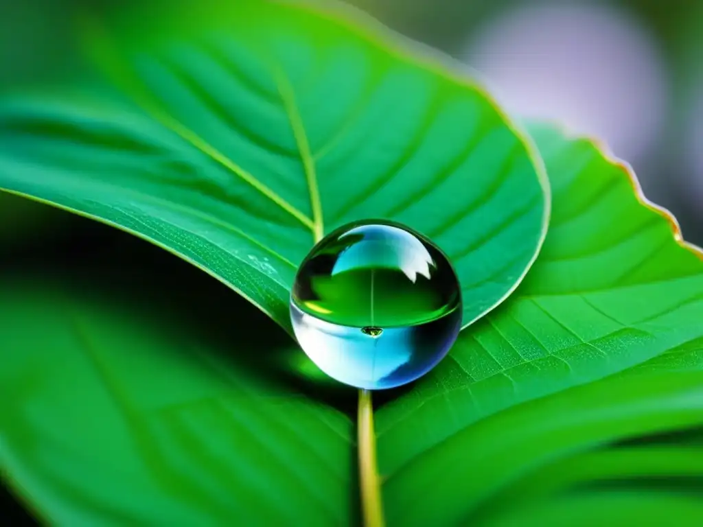 Una gota clara cae de una hoja, reflejando el entorno