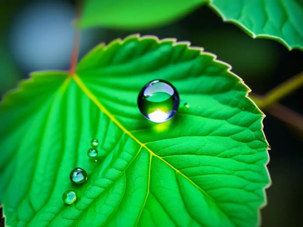 Gotas de agua brillantes en hoja verde, belleza natural para turismo sostenible zero waste