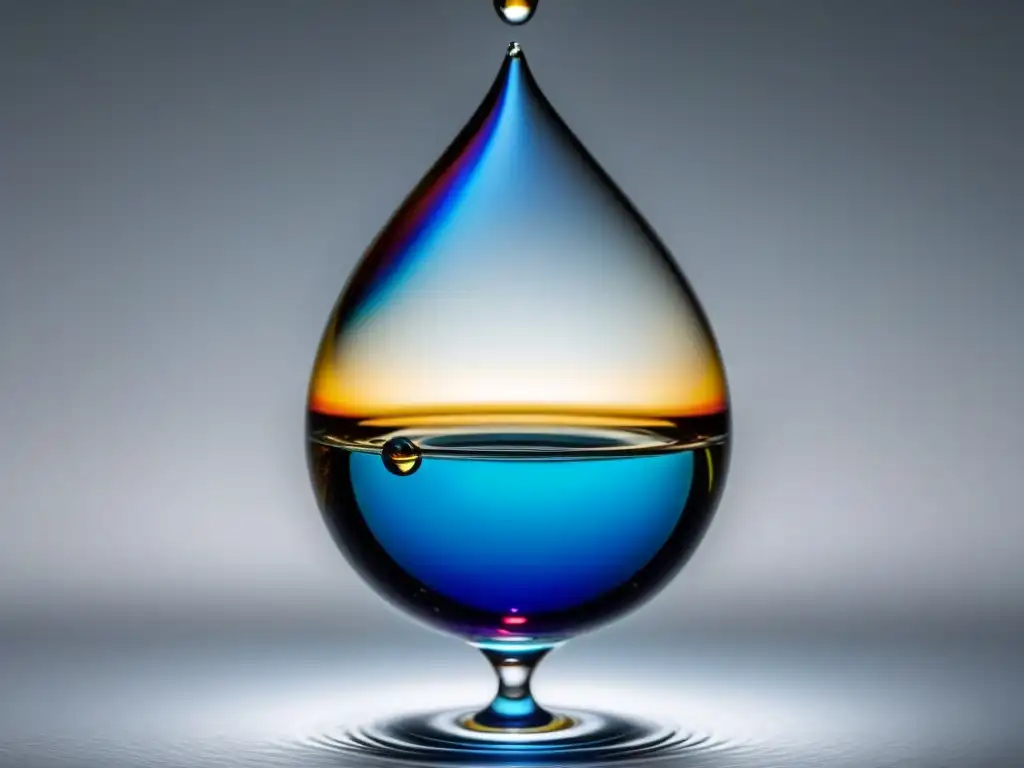 Gotas de agua cristalina suspendidas en el aire, reflejando colores en un fondo blanco