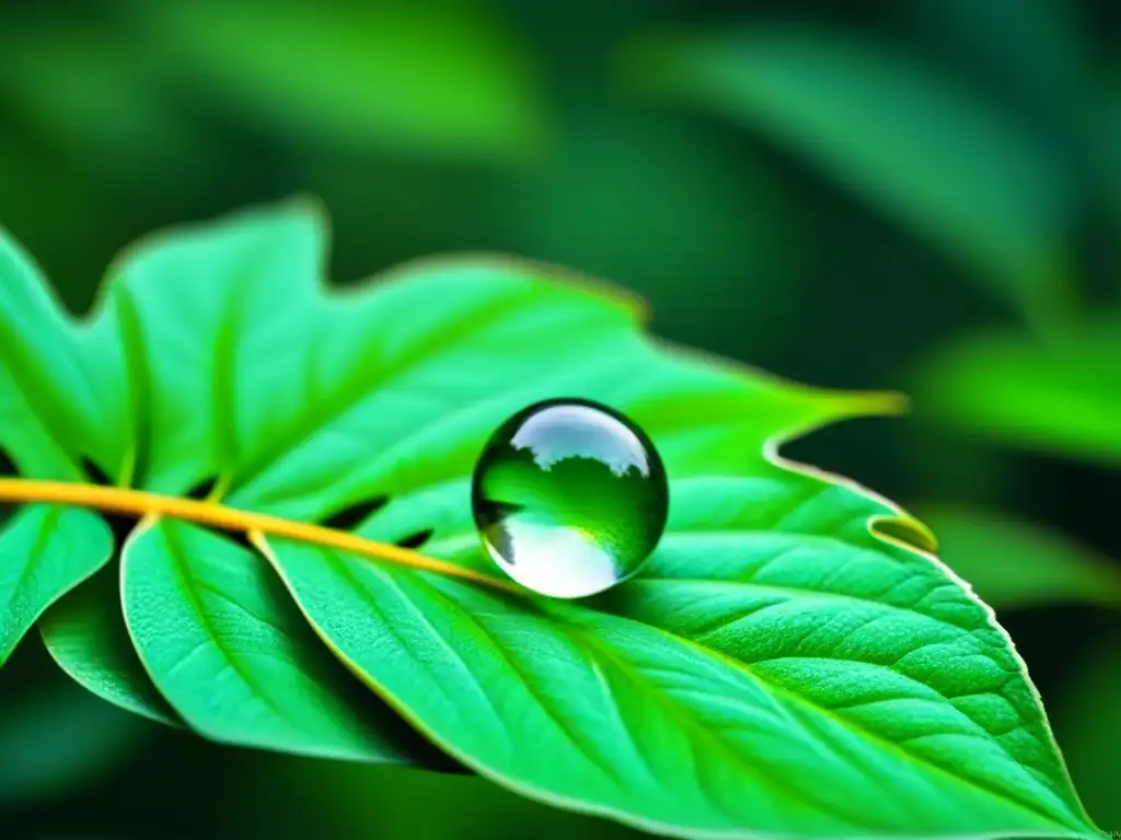 Gotas de agua en equilibrio sobre hoja verde, simbolizando la gestión sostenible de recursos hídricos