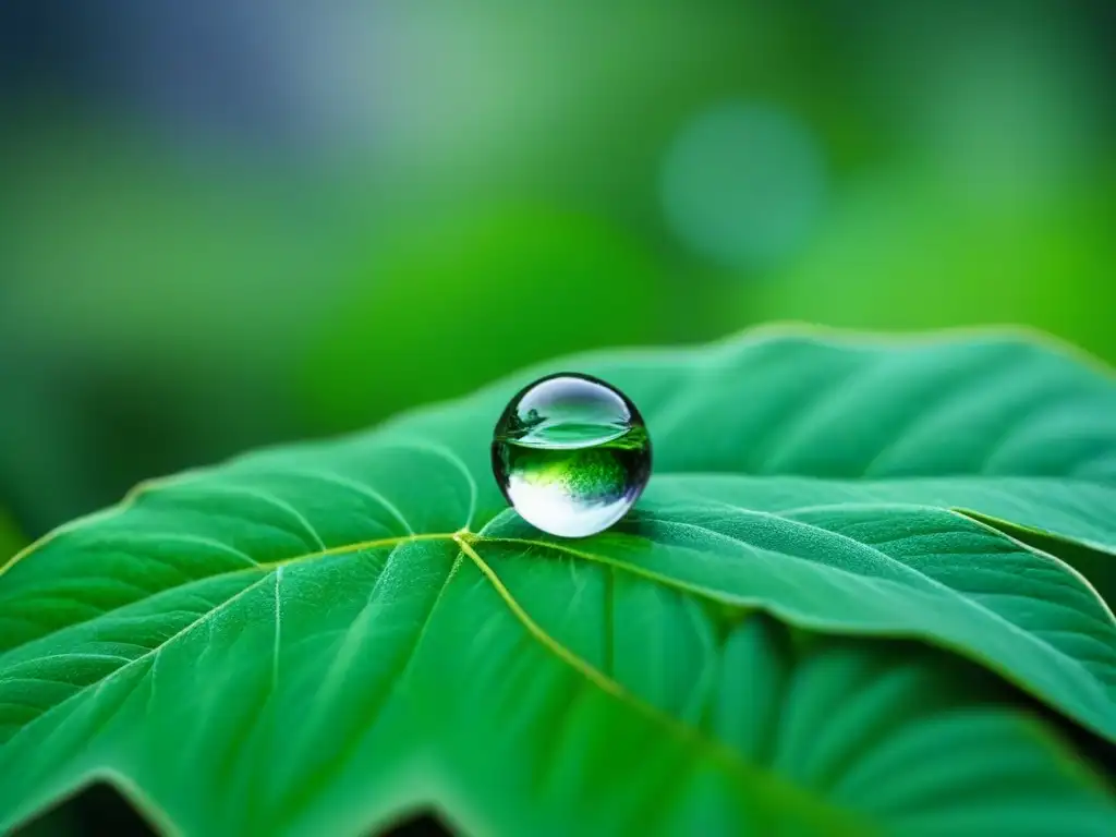 Gotas de agua en equilibrio sobre una hoja verde, simbolizando la belleza y la importancia de la concienciación sobre el agua sostenible