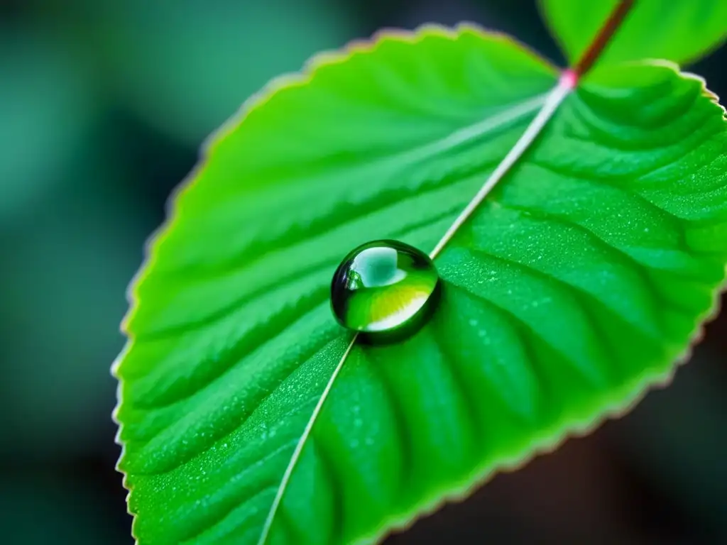 Gotas de agua en hoja verde resaltan belleza natural