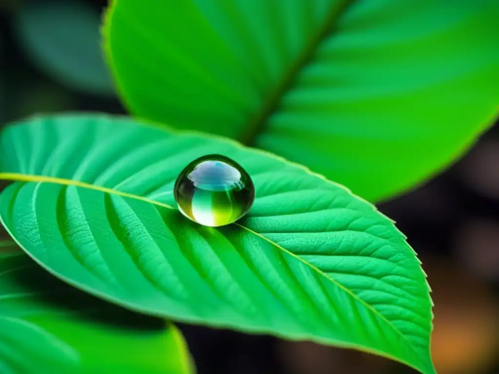 Gotas de agua pura en hoja verde, simbolizando la belleza y pureza de productos ecológicos sin químicos