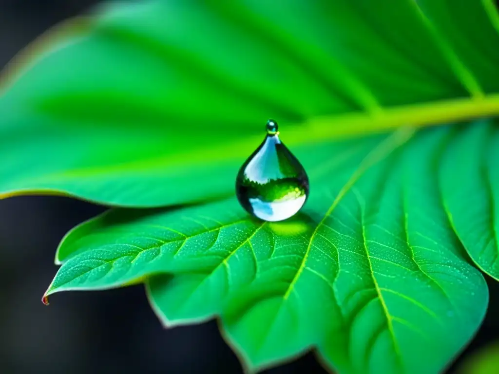 Gotas de agua pura sobre hoja verde, reflejando luz, evocando pureza y tranquilidad