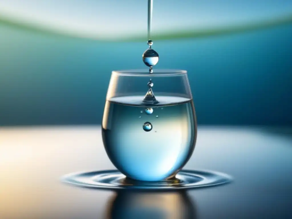 Gotas de agua caen en vaso transparente, reflejando luz