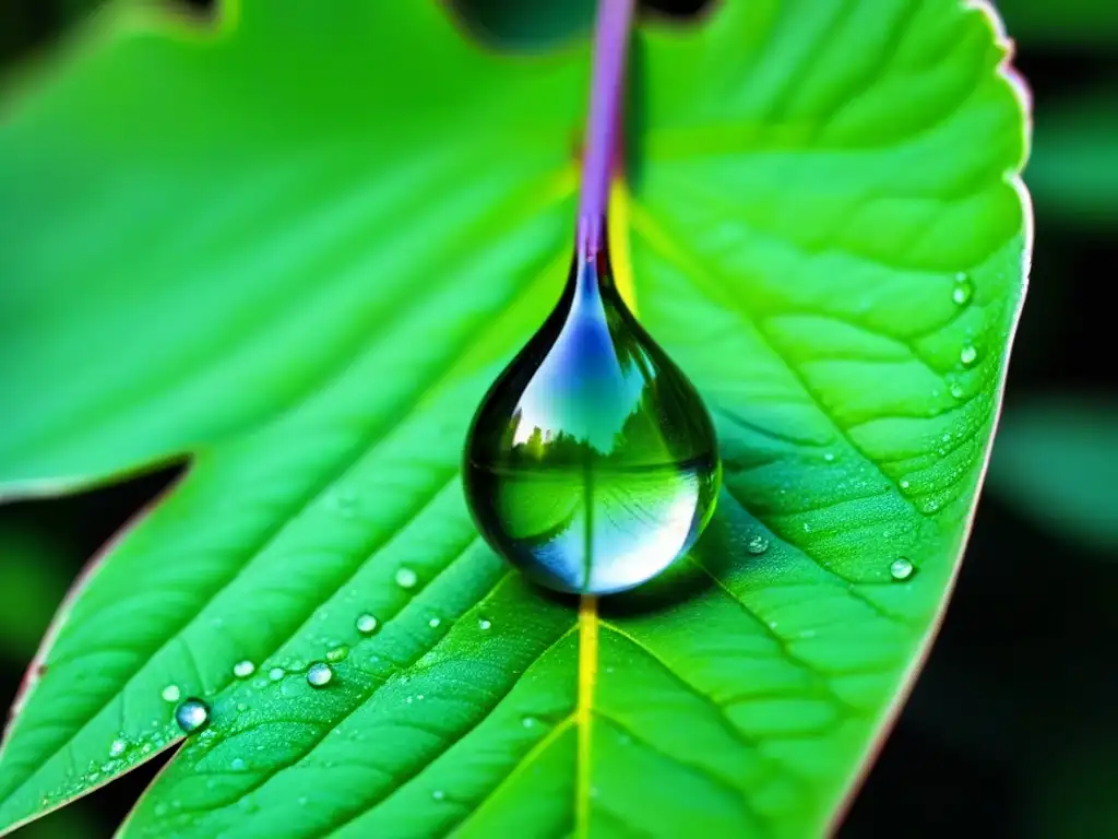 Gotas de rocío matutino sobre hoja verde en jardín tranquilo