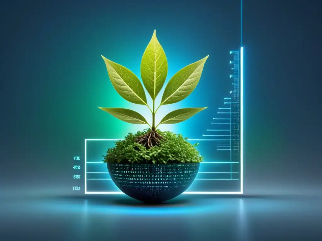 Un gráfico digital muestra una planta verde vibrante creciendo, fusionando Big Data en productos sostenibles