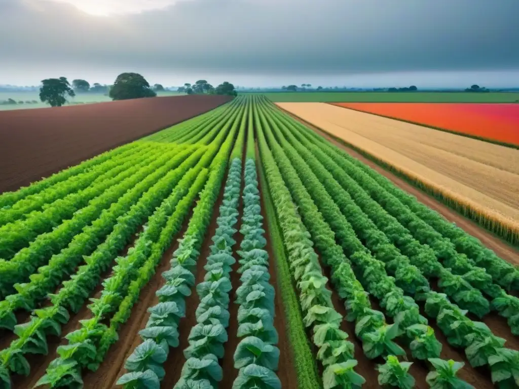 Una granja agroecológica diversa y vibrante, con cultivos, ganado e insectos beneficiosos en armonía