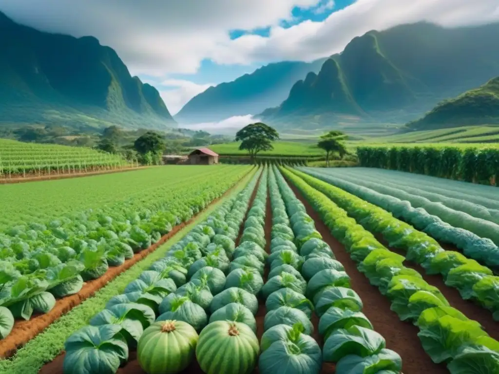 Granja orgánica exuberante en destino exótico, frutas y verduras coloridas en filas bajo el sol