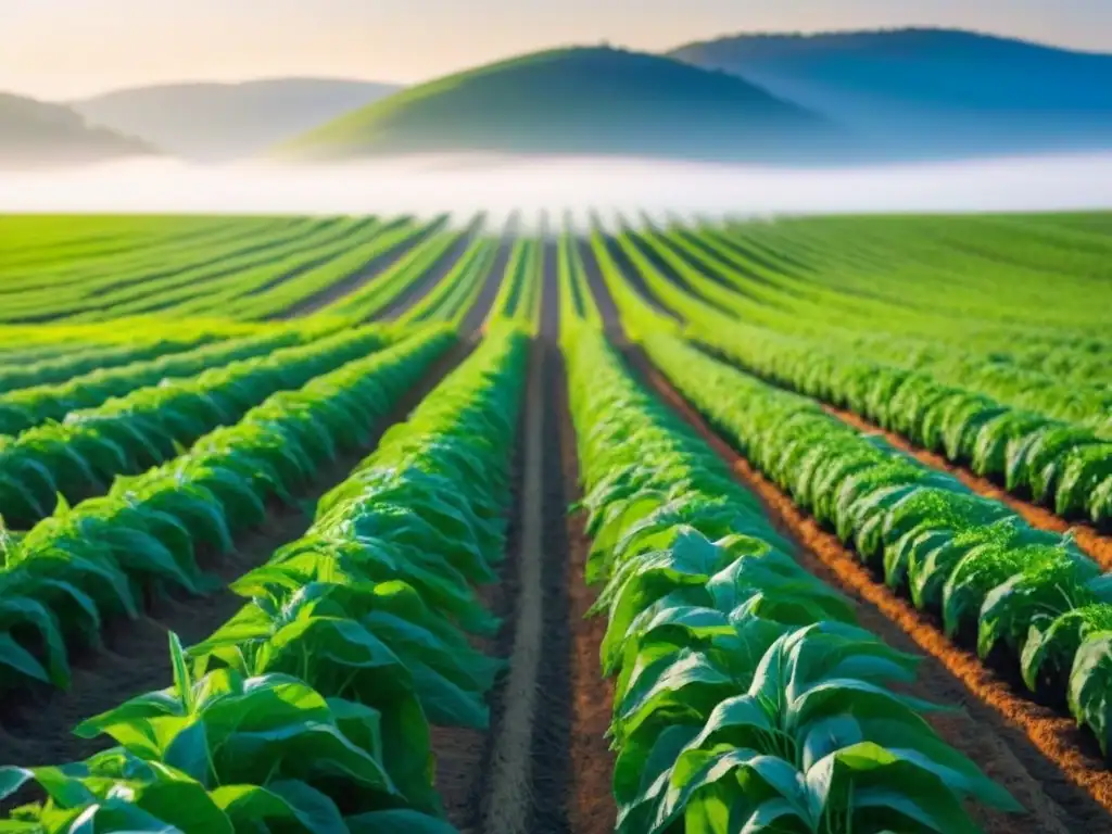 Una granja orgánica serena y minimalista con cultivos verdes vibrantes bajo un cielo azul claro